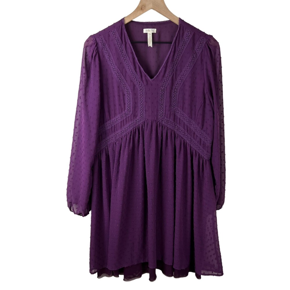 Matilda Jane Womens Medium Purple Textured V Neck Long Sleeve Tulle Bottom Dress